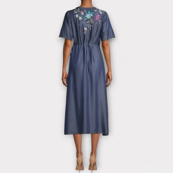 Johnny Was Nico chambray floral embroidery wrap dress